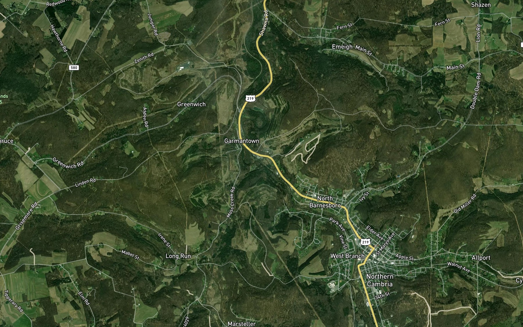Satellite map of the Moss Creek