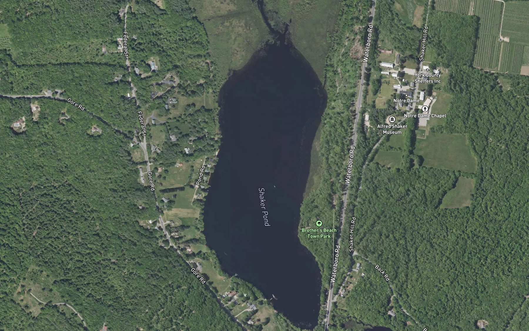 Satellite map of the Shaker Pond