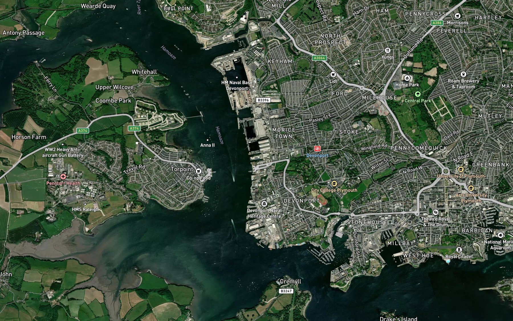 Satellite map of the Tamar Canal