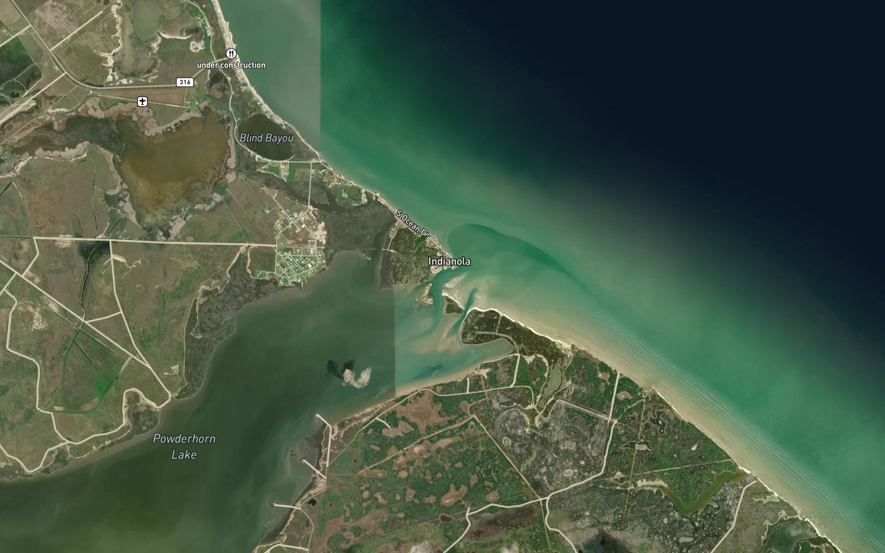 Satellite map of the Powderhorn Bayou