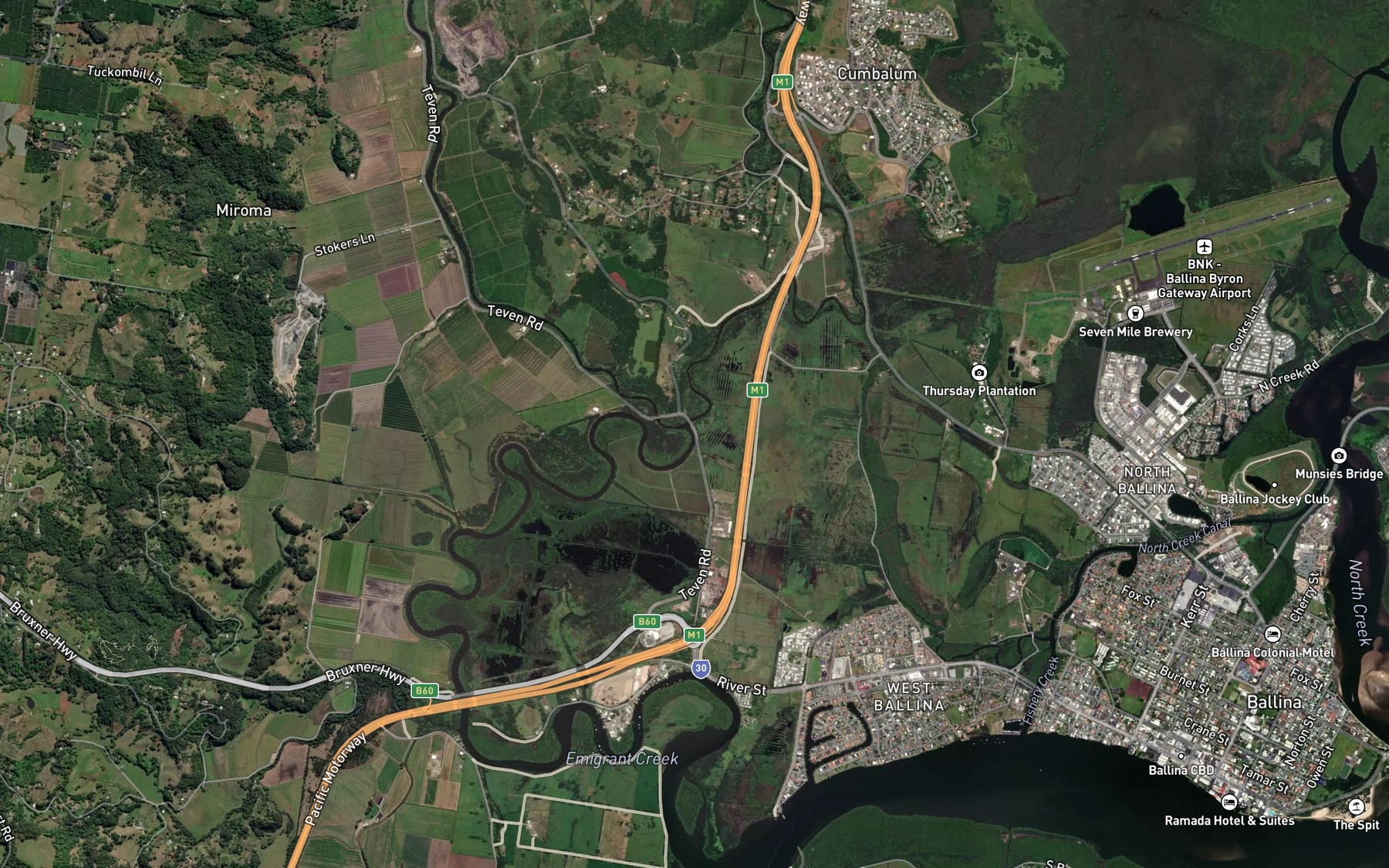 Satellite map of the Teven Creek