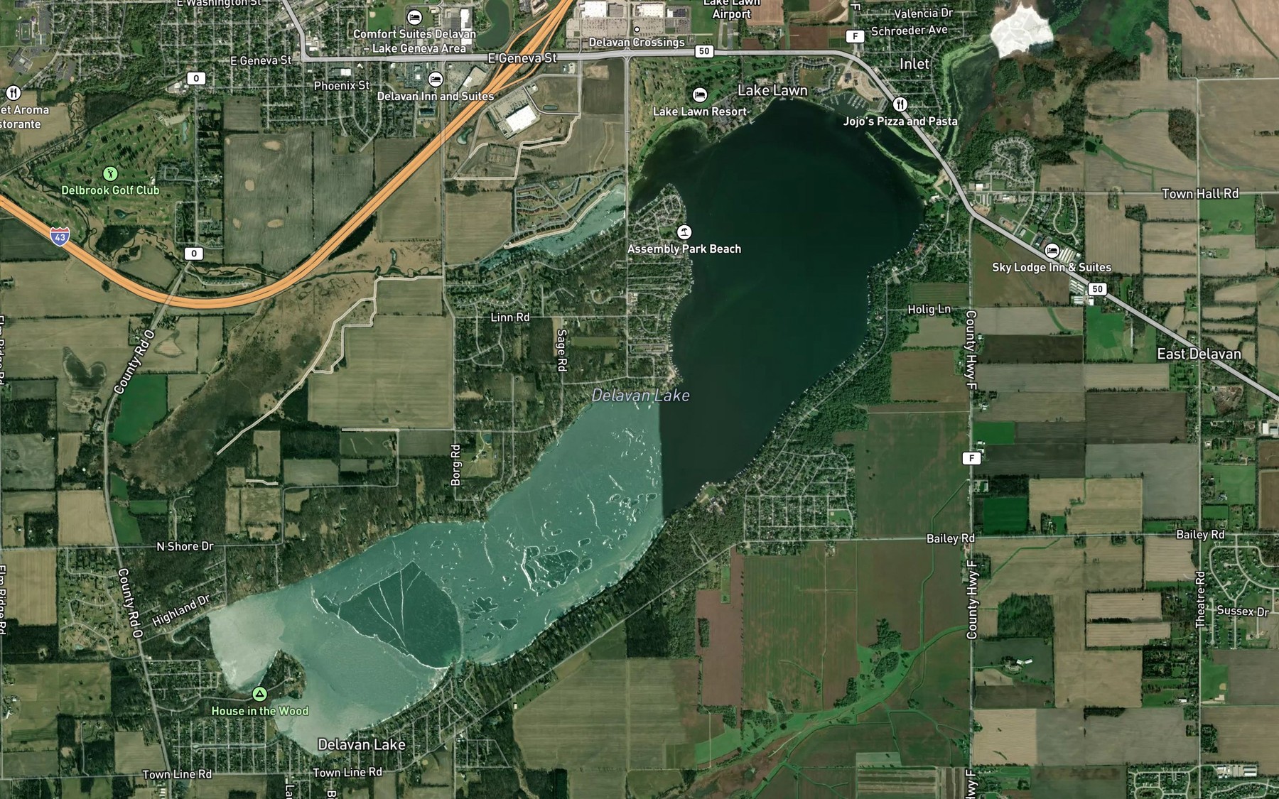 Satellite map of the Lake Delavan 36