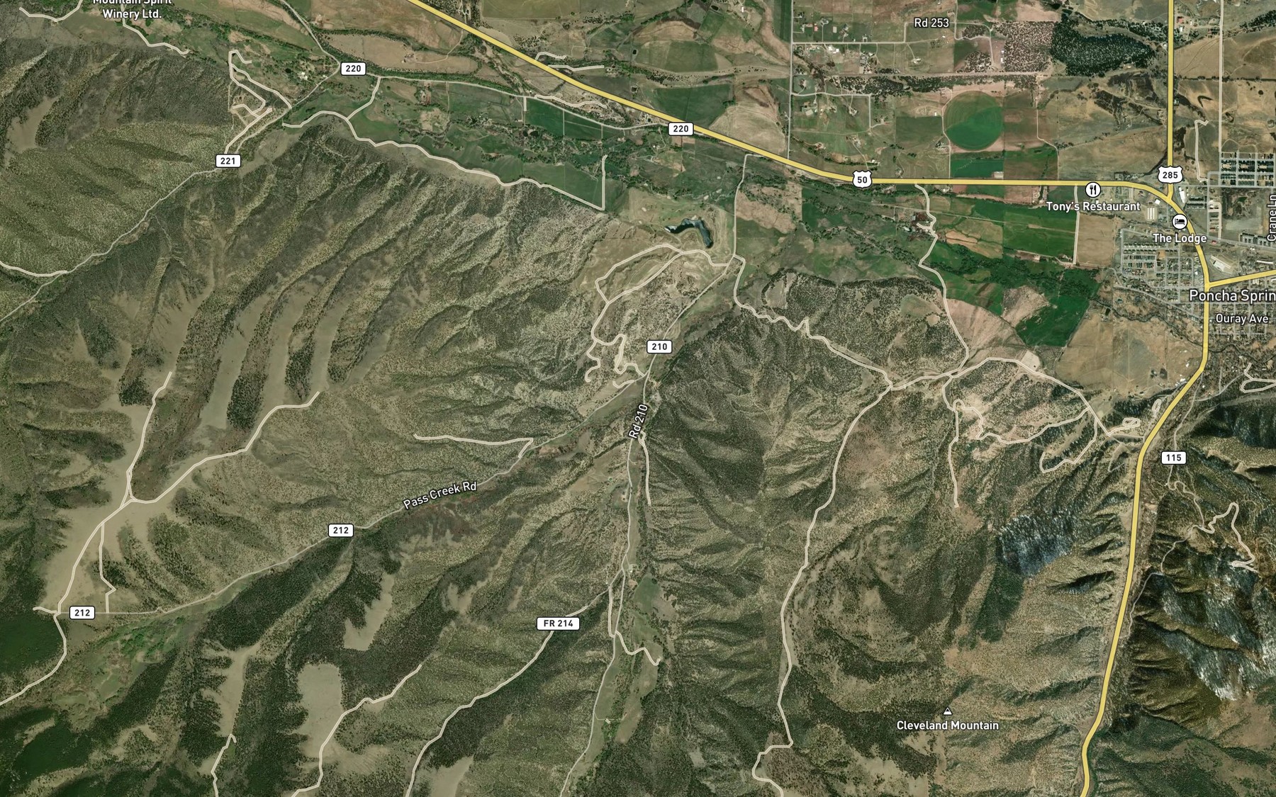 Satellite map of the Pass Creek