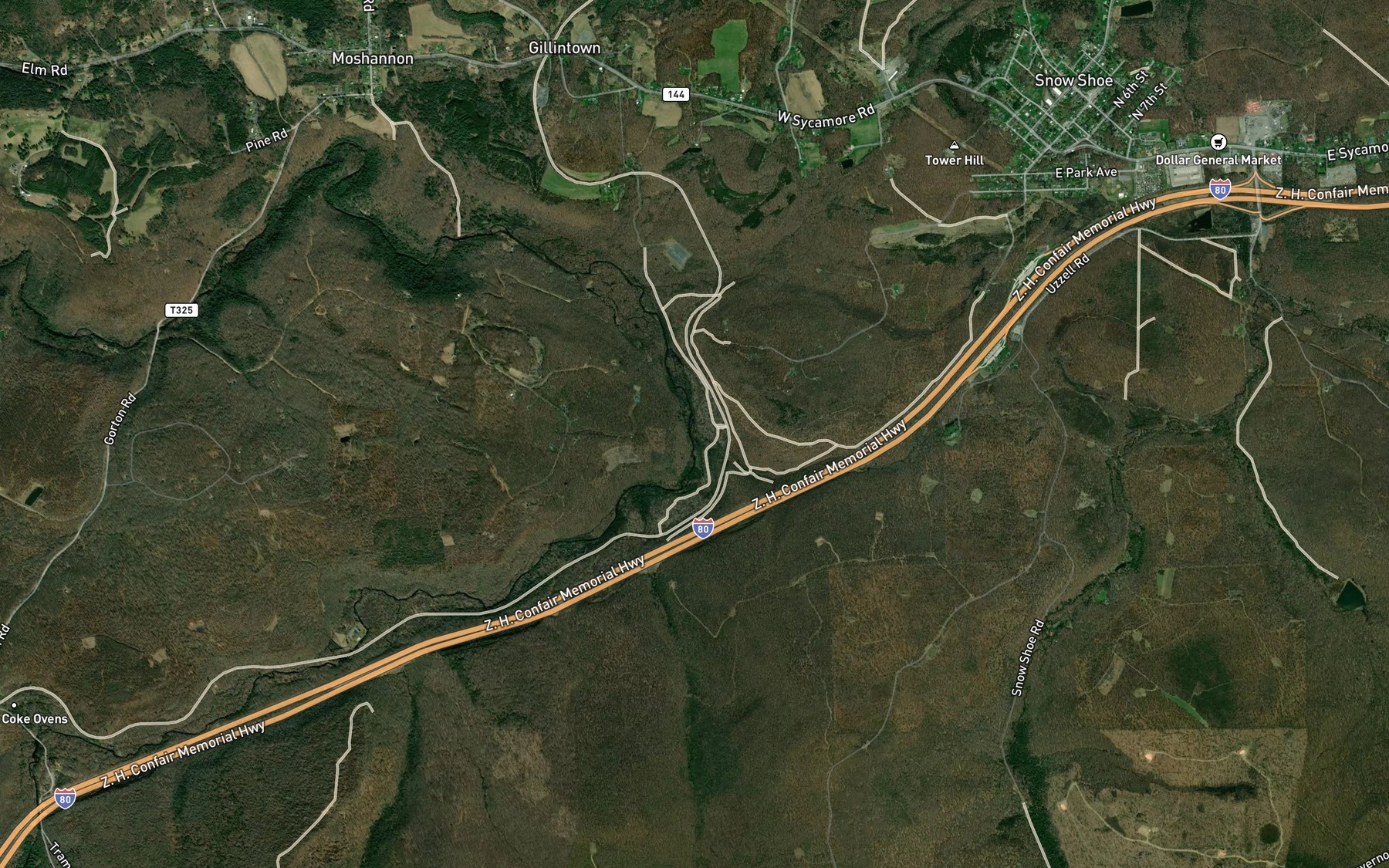Satellite map of the Hicklen Run