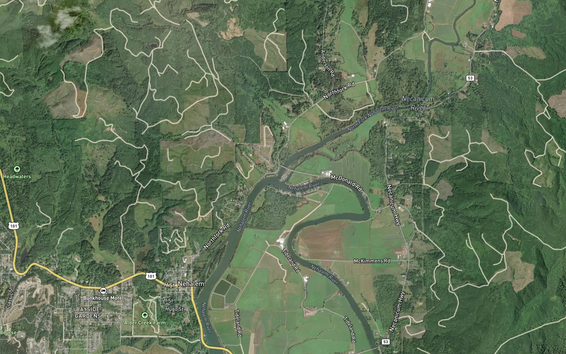 Satellite map of the North Fork Nehalem River