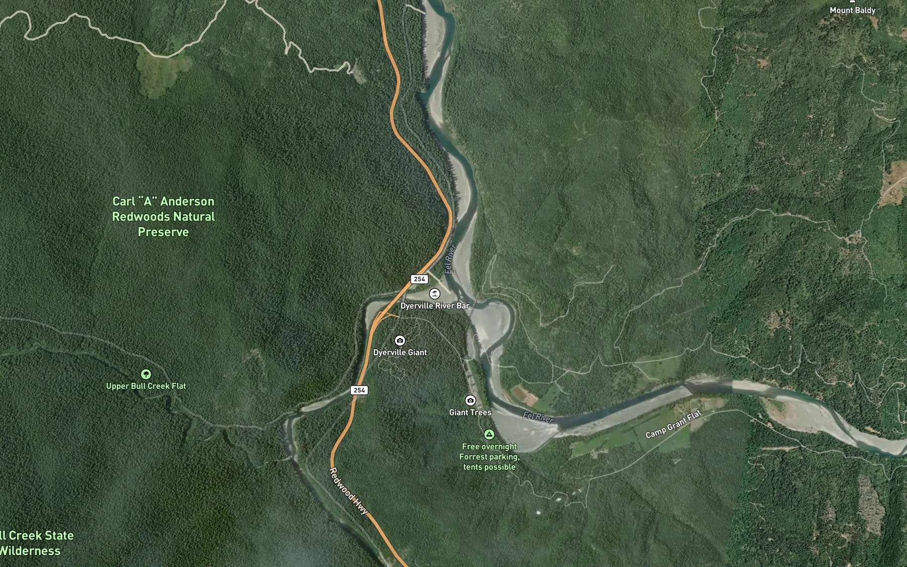 Satellite map of the South Fork Eel River