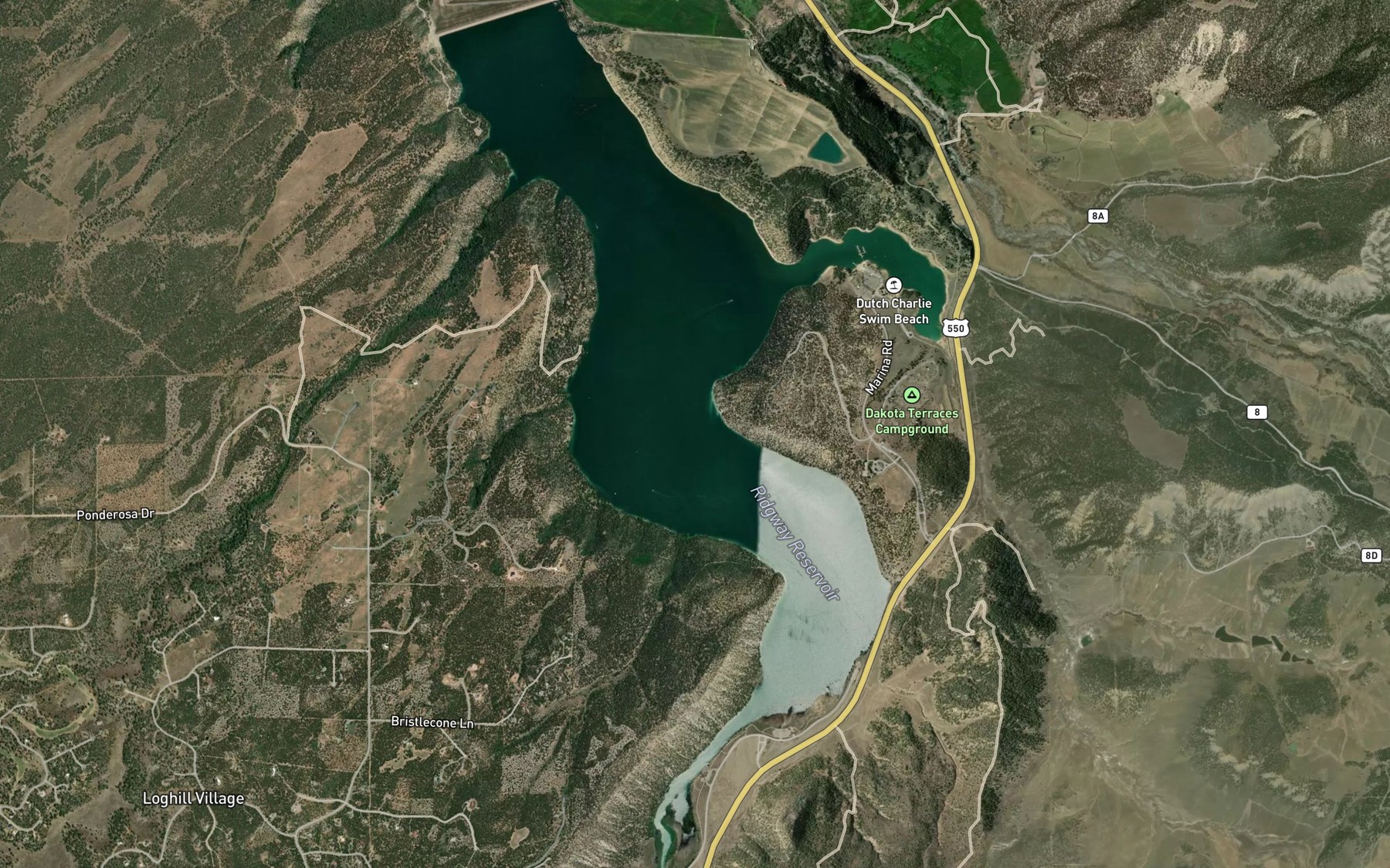Satellite map of the Ridgway Reservoir