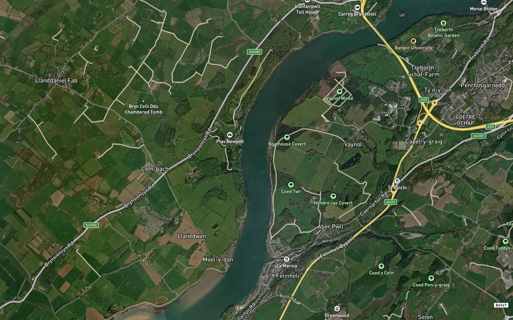Satellite map of the Menai Strait