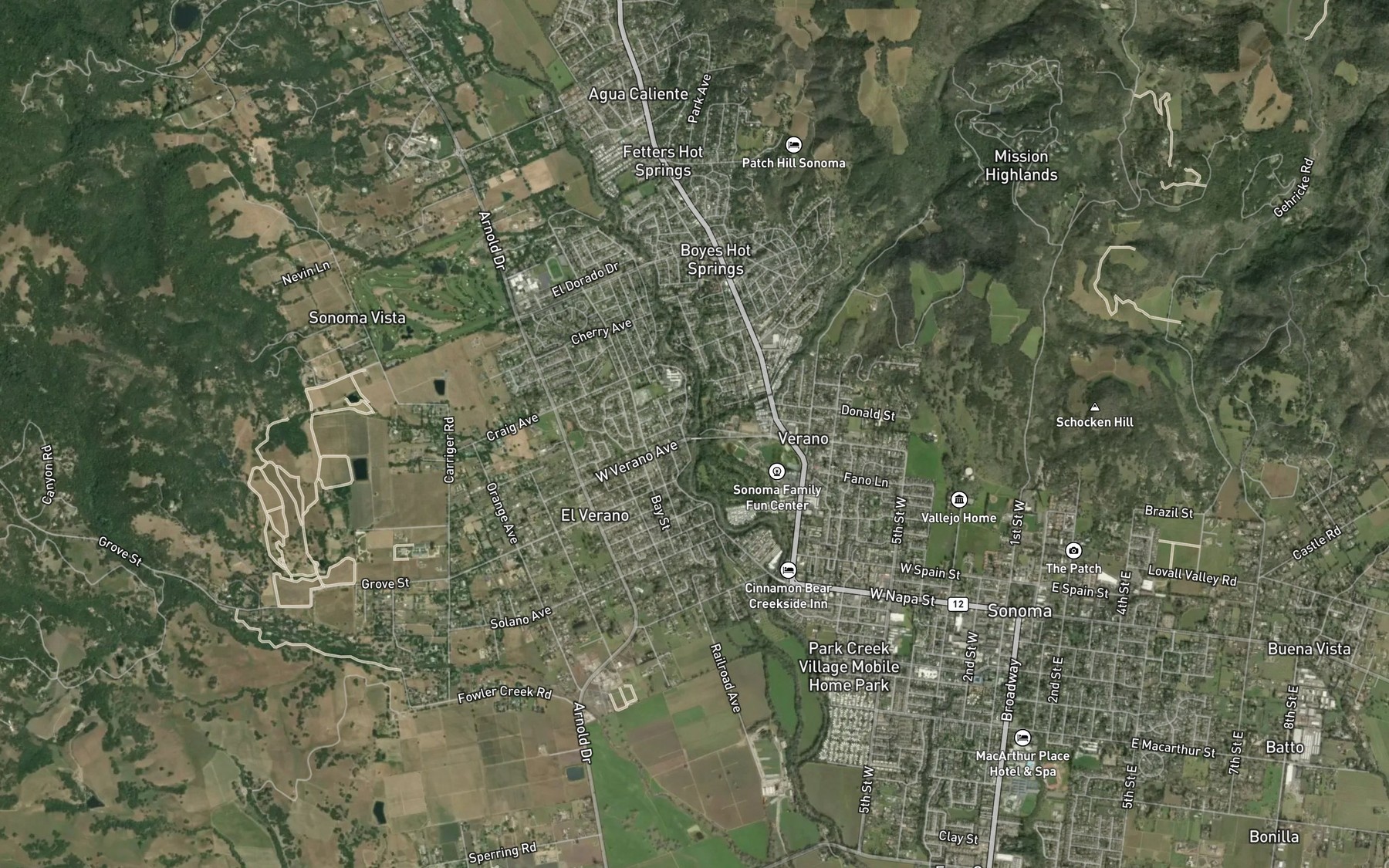 Satellite map of the Agua Caliente Creek