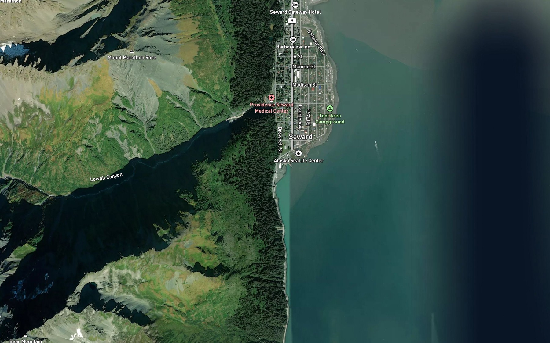 Satellite map of the Lowell Creek