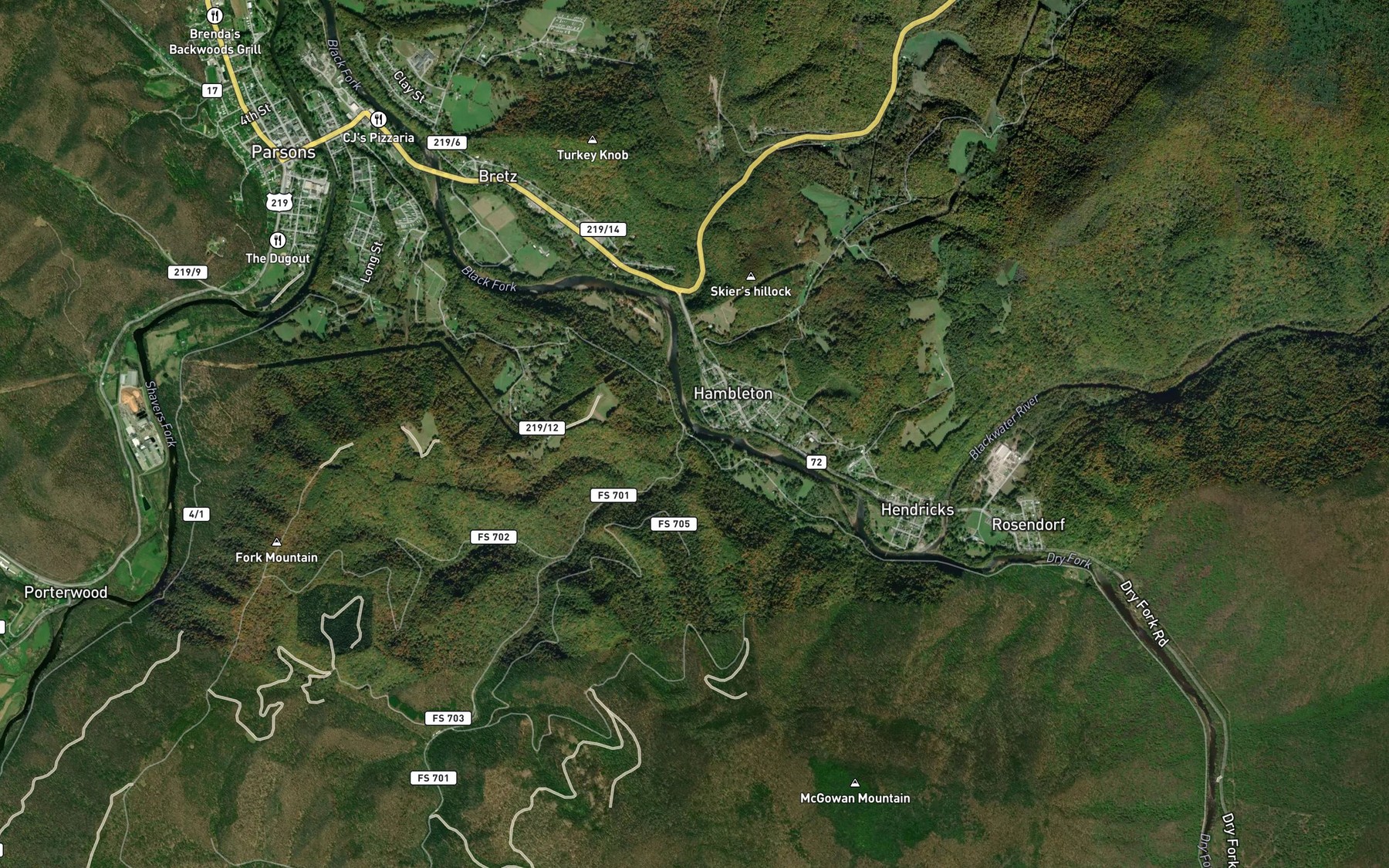 Satellite map of the Elklick Run