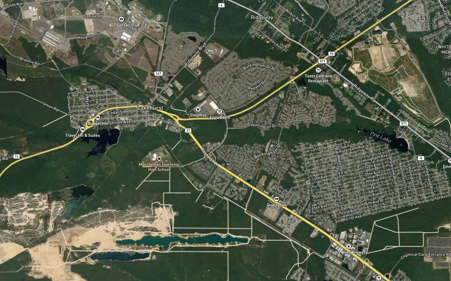 Satellite map of the Bunker Hill Pond