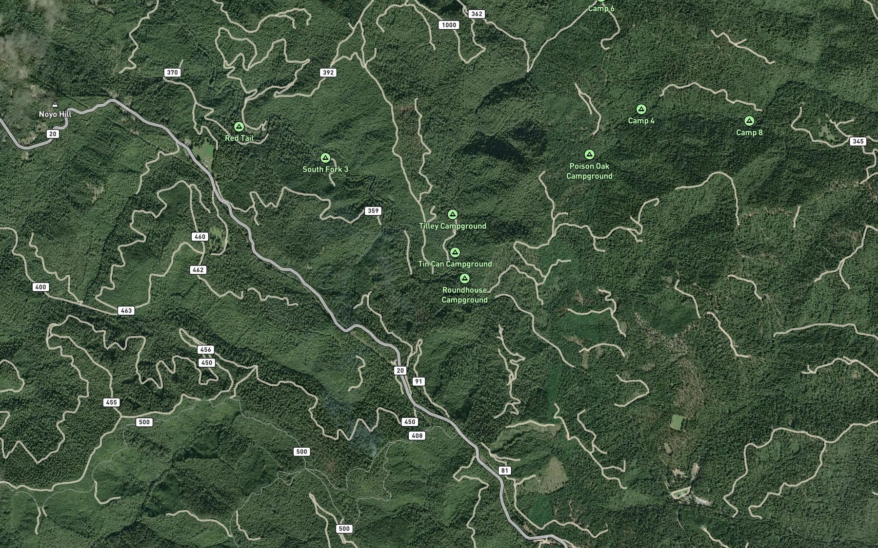 Satellite map of the North Fork South Fork Noyo River