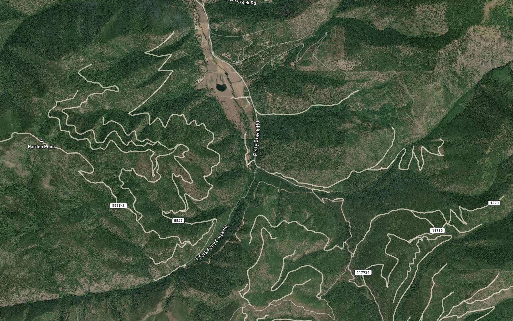 Satellite map of the South Fork Petty Creek