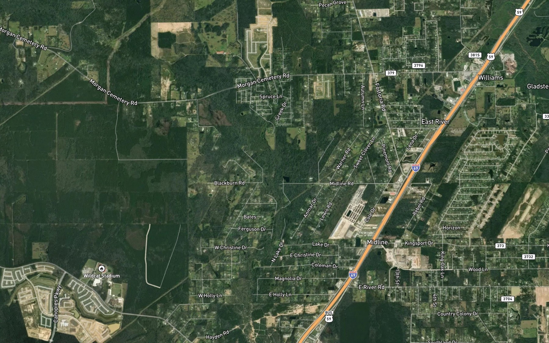 Satellite map of the Shady Run