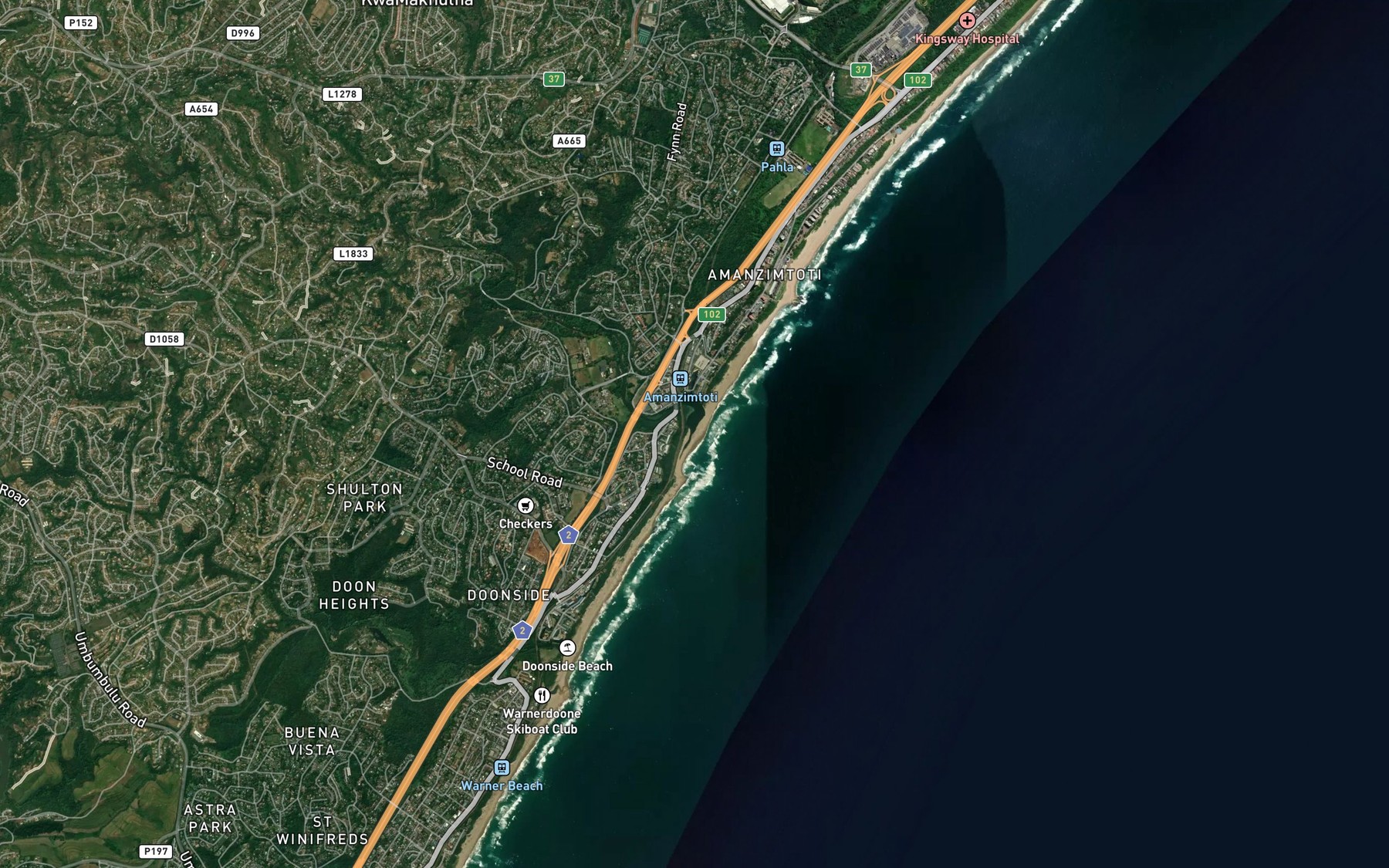 Satellite map of the Amanzimtoti River