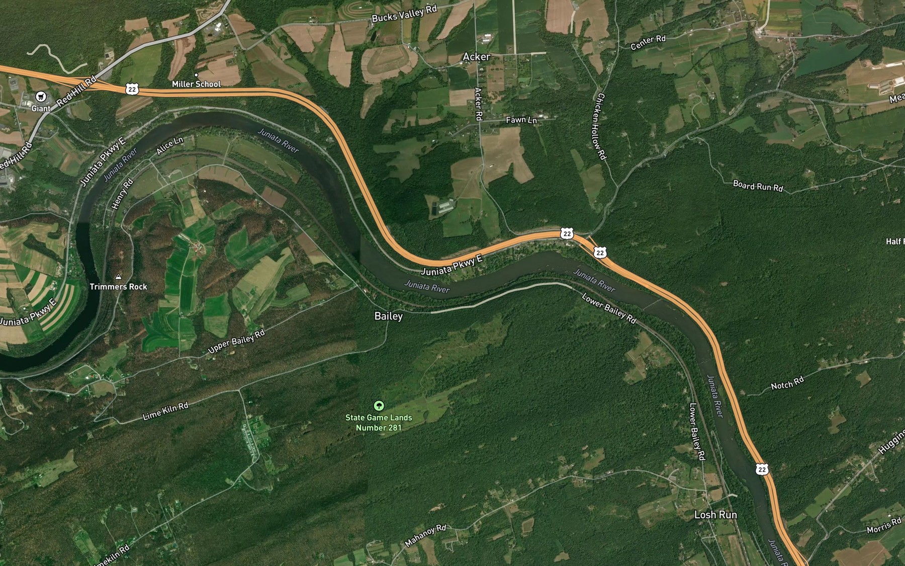 Satellite map of the Howe Run