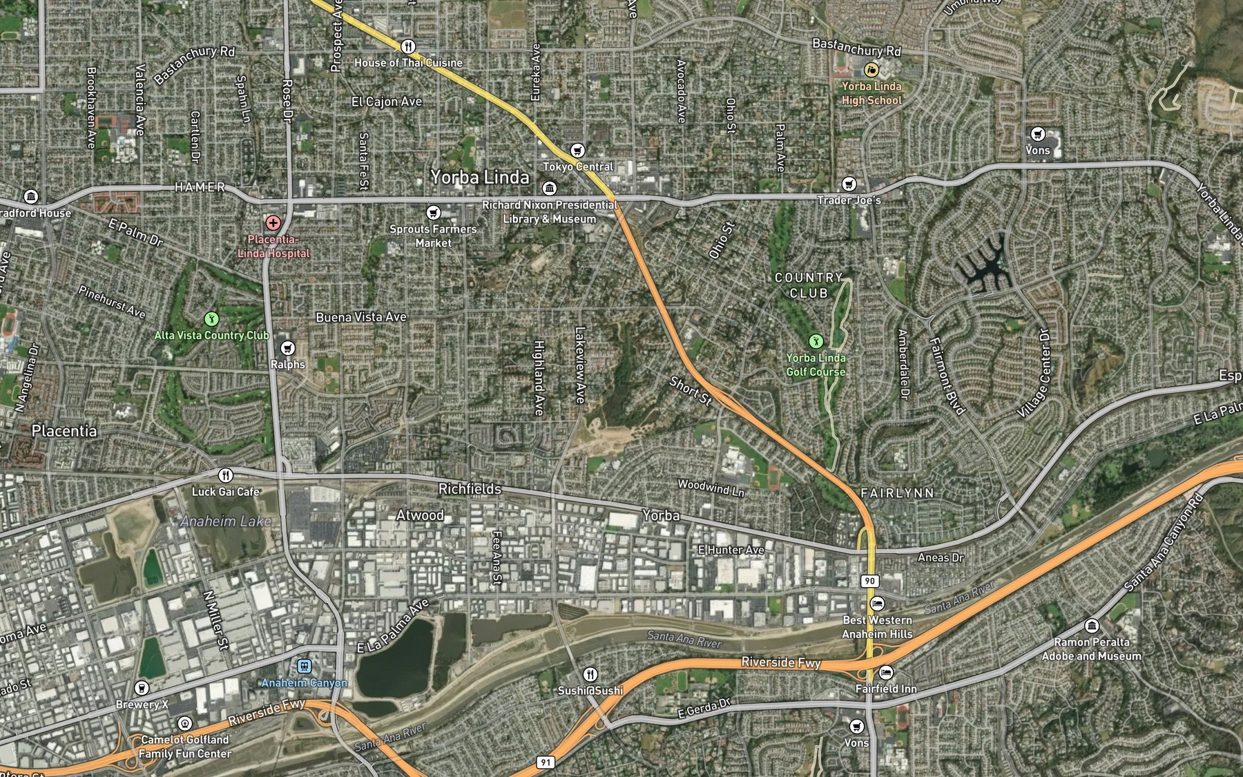 Satellite map of the Yorba Linda Reservoir