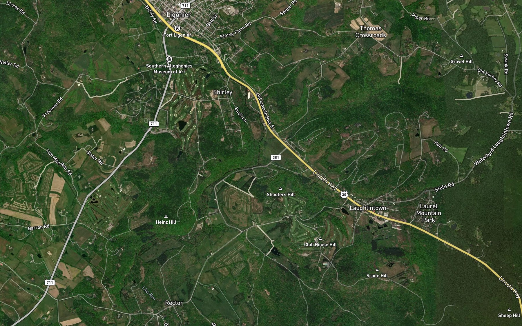 Satellite map of the Laughlintown Run