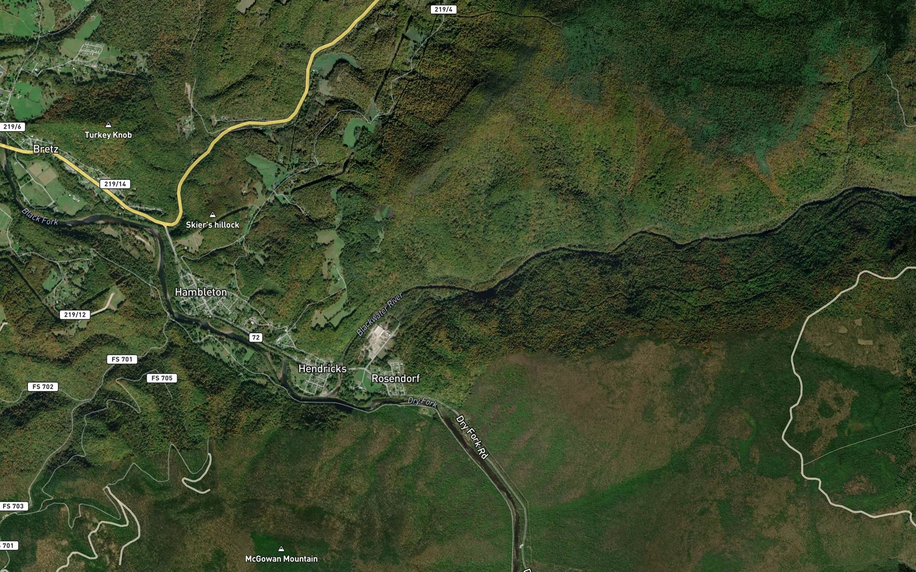 Satellite map of the Hickory Lick Run