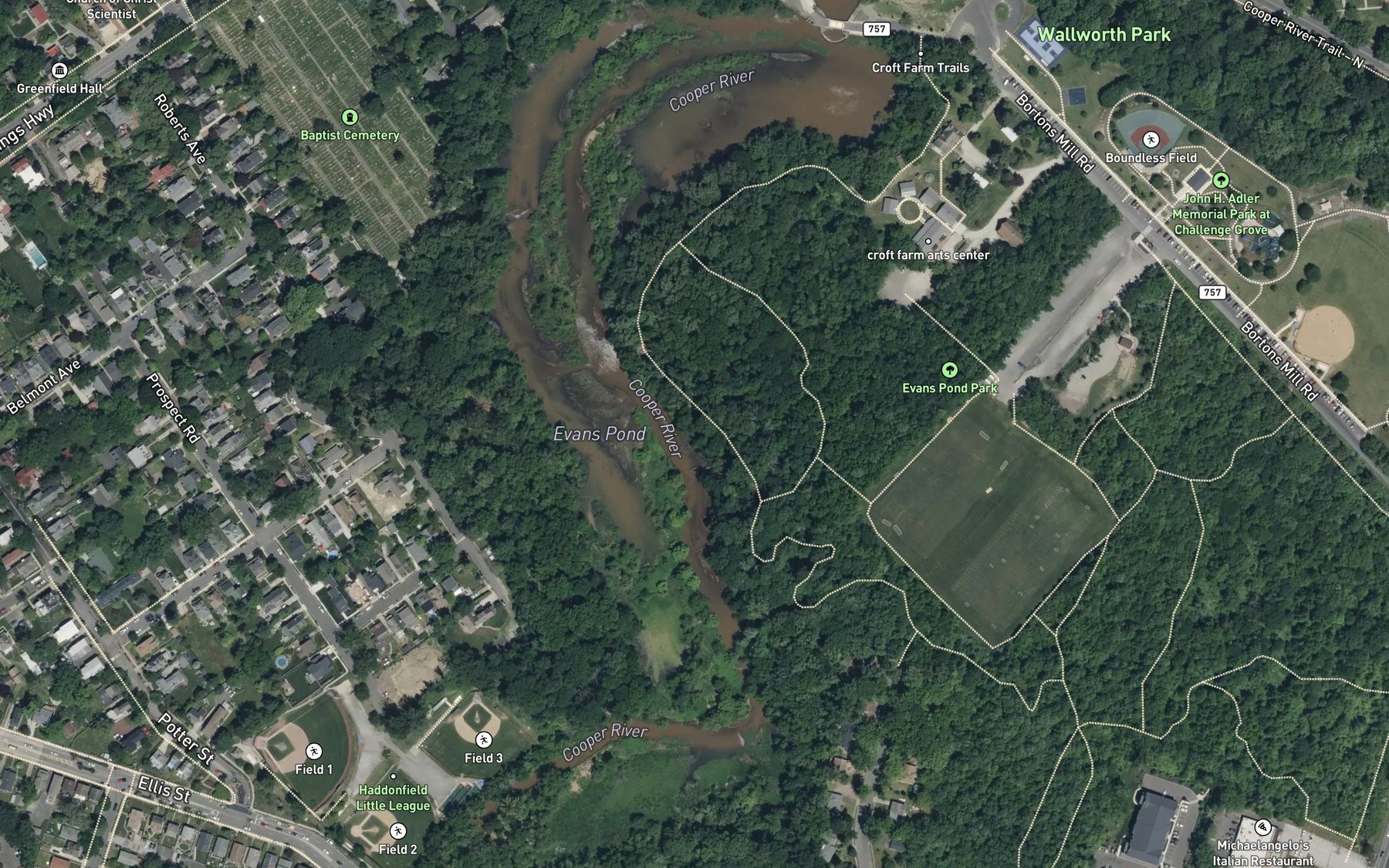 Satellite map of the Evans Pond