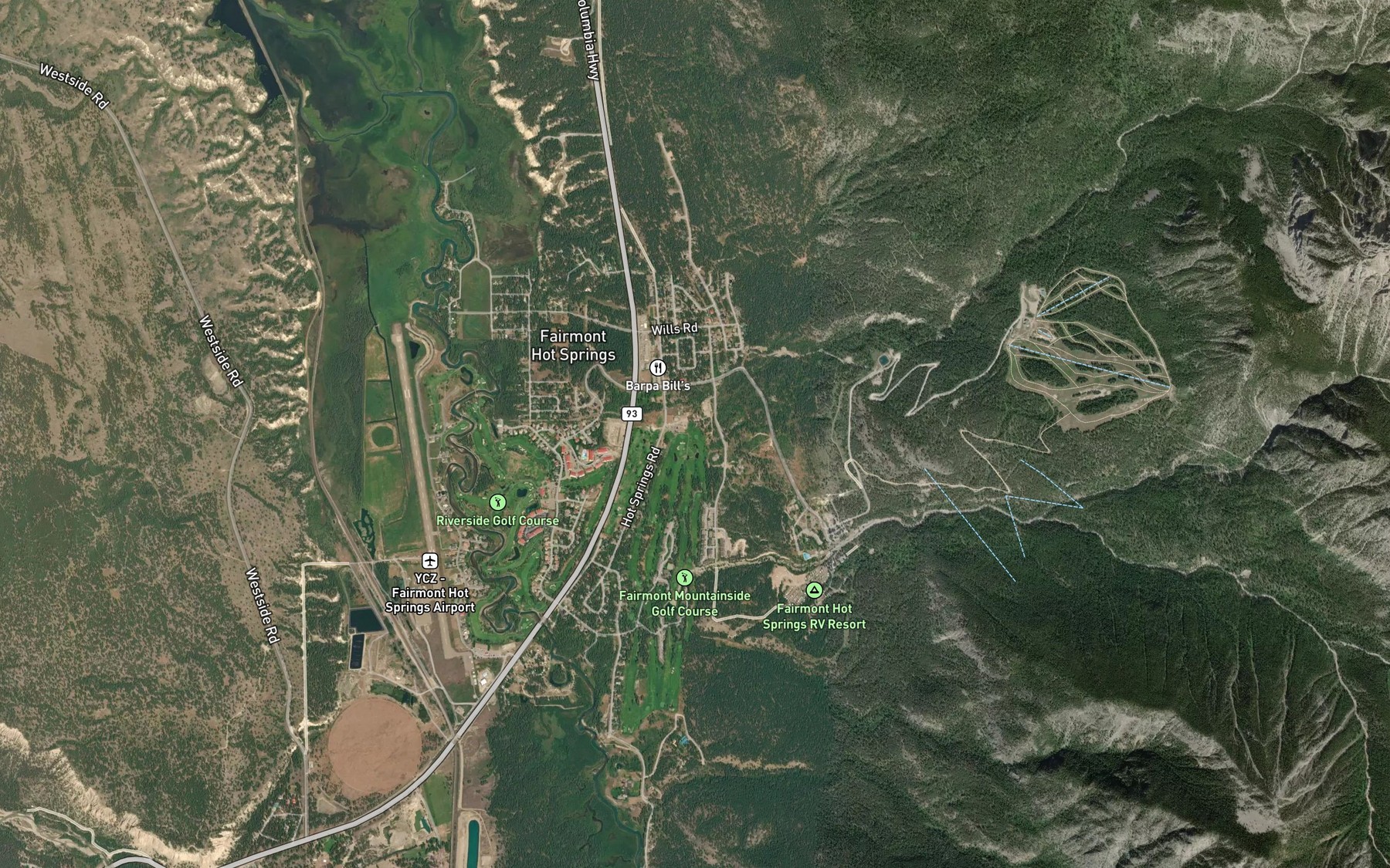 Satellite map of the Fairmont Hot Springs