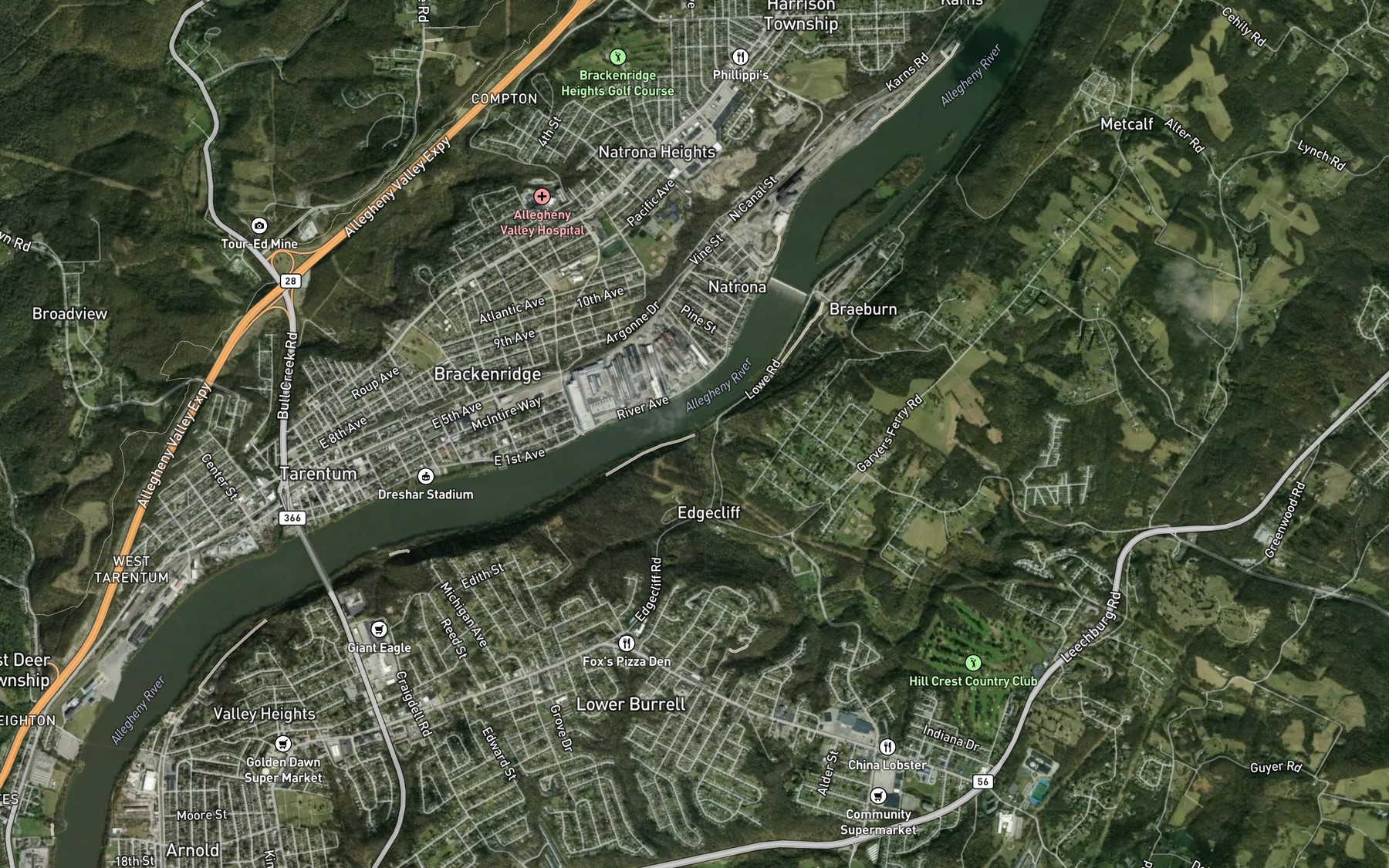 Satellite map of the Chartiers Run