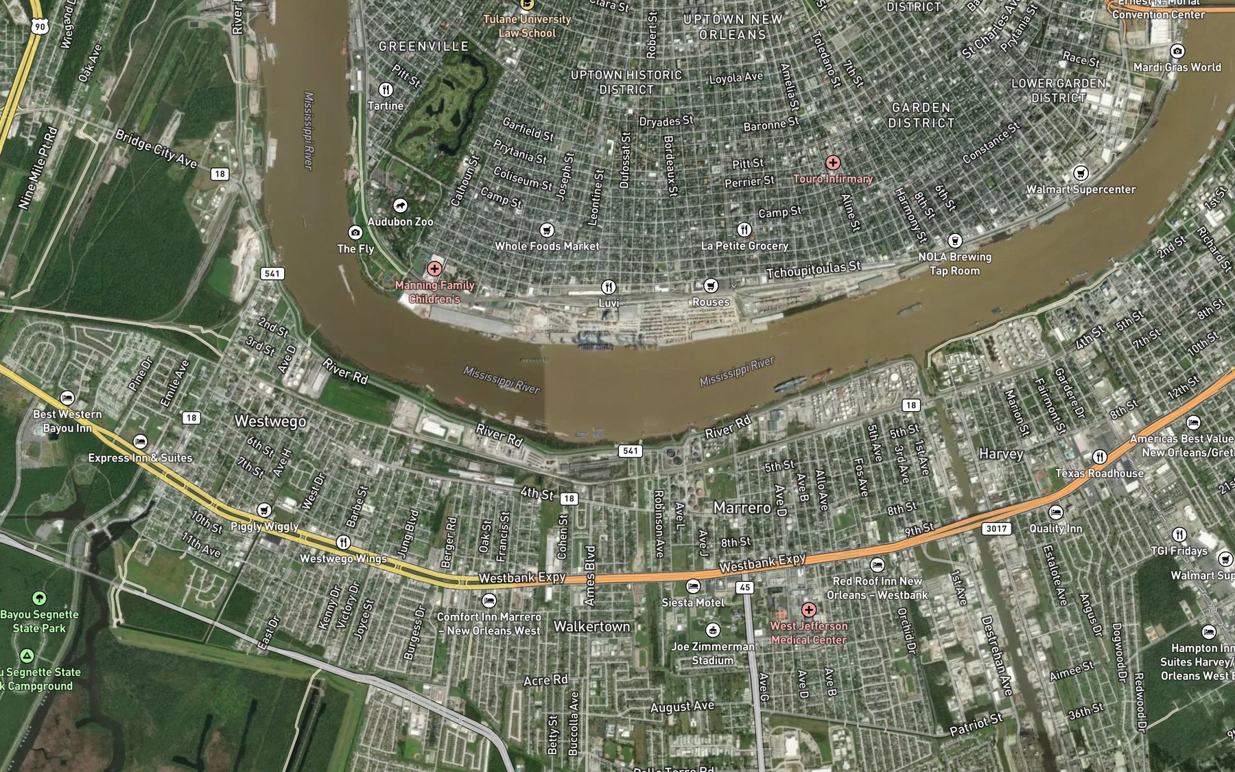 Satellite map of the Mississippi River