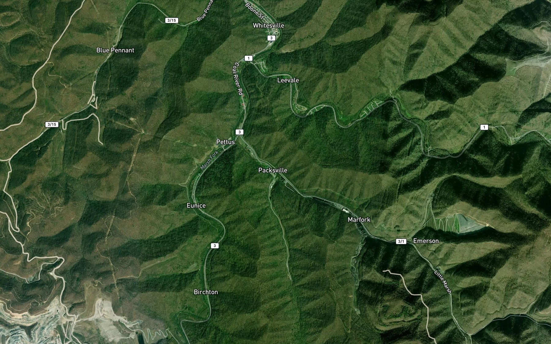 Satellite map of the Birch Fork