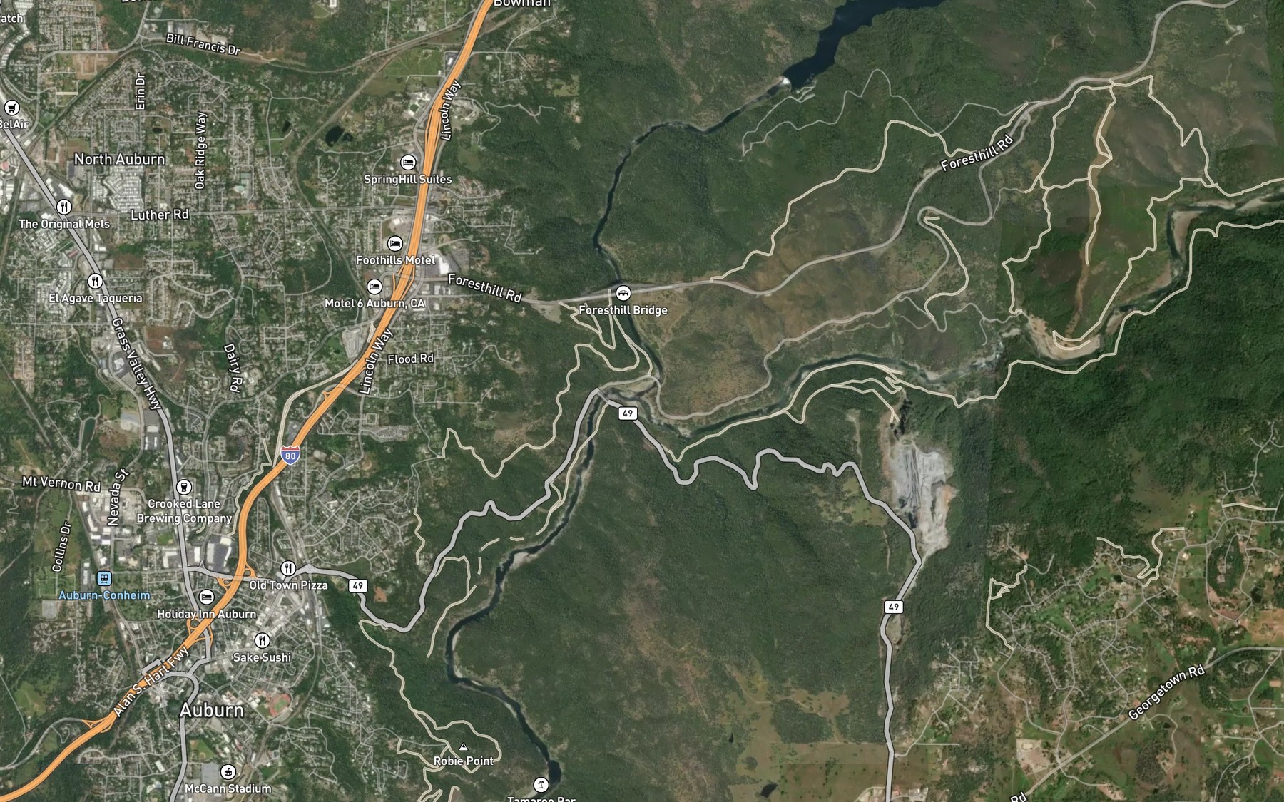 Satellite map of the Middle Fork American River