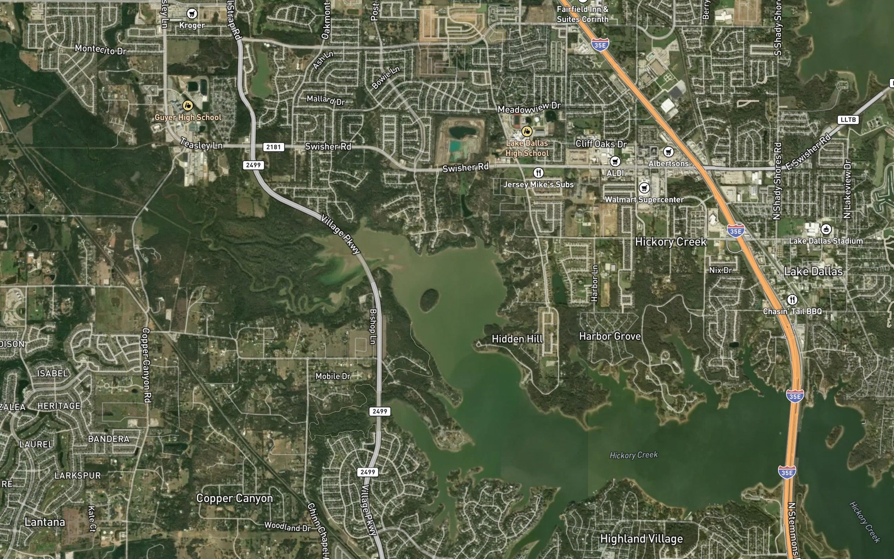 Satellite map of the Hickory Creek