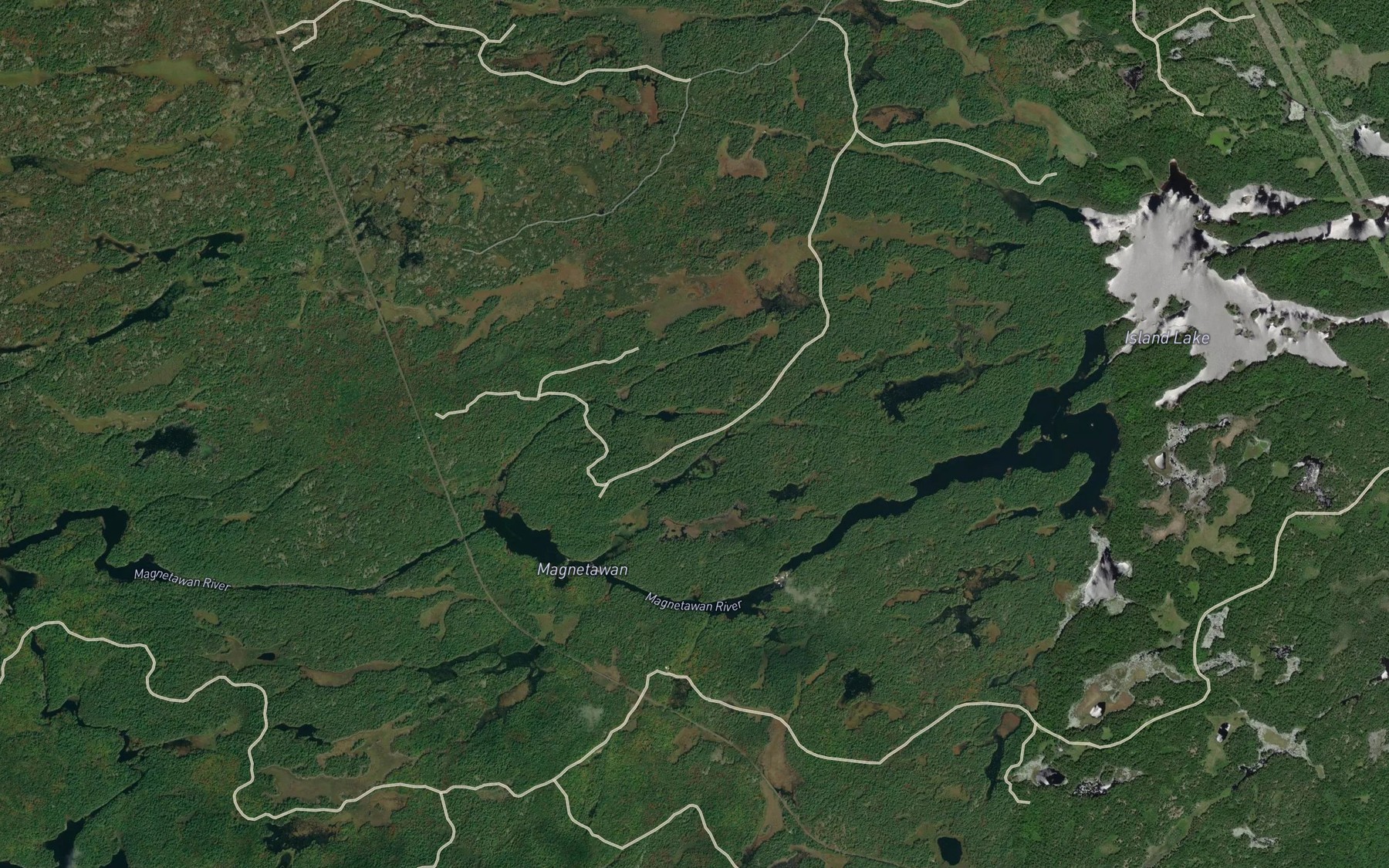 Satellite map of the Three Snye Rapids