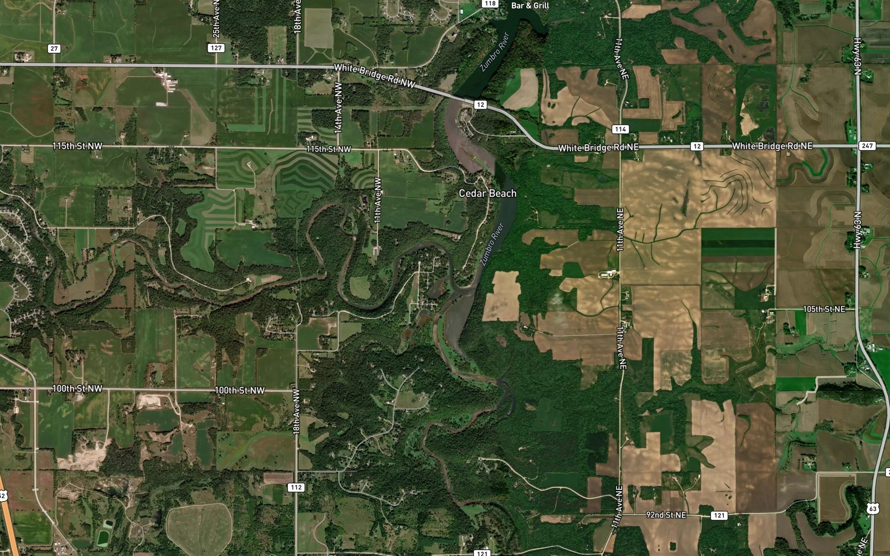 Satellite map of the Middle Fork Zumbro River