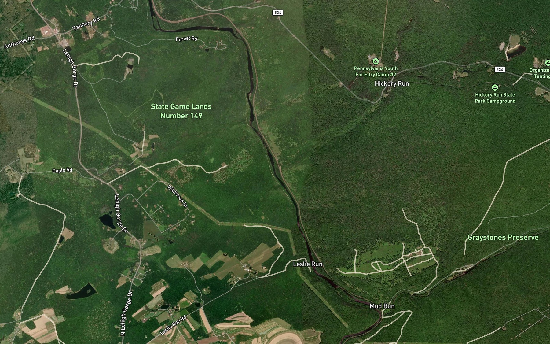 Satellite map of the Hickory Run