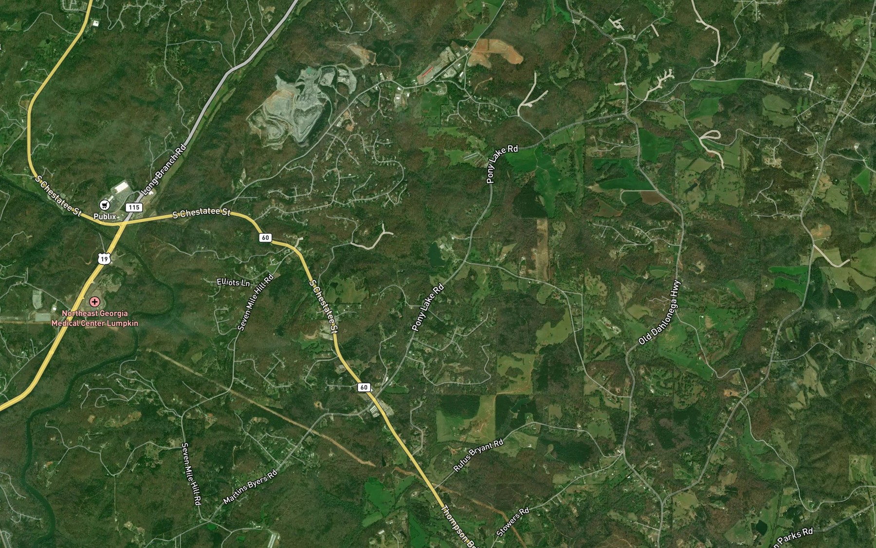 Satellite map of the Ponys Lake