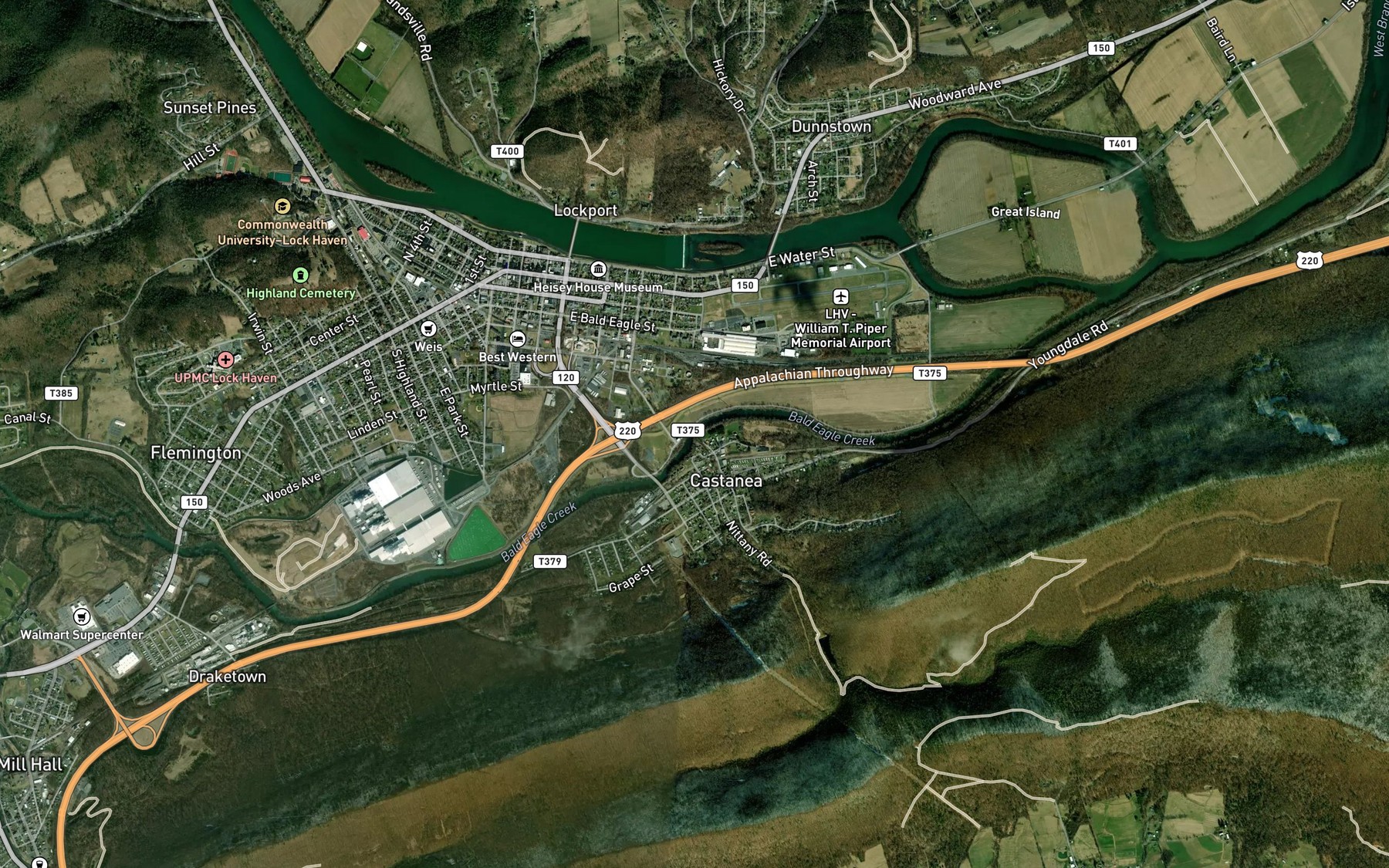 Satellite map of the Harveys Run