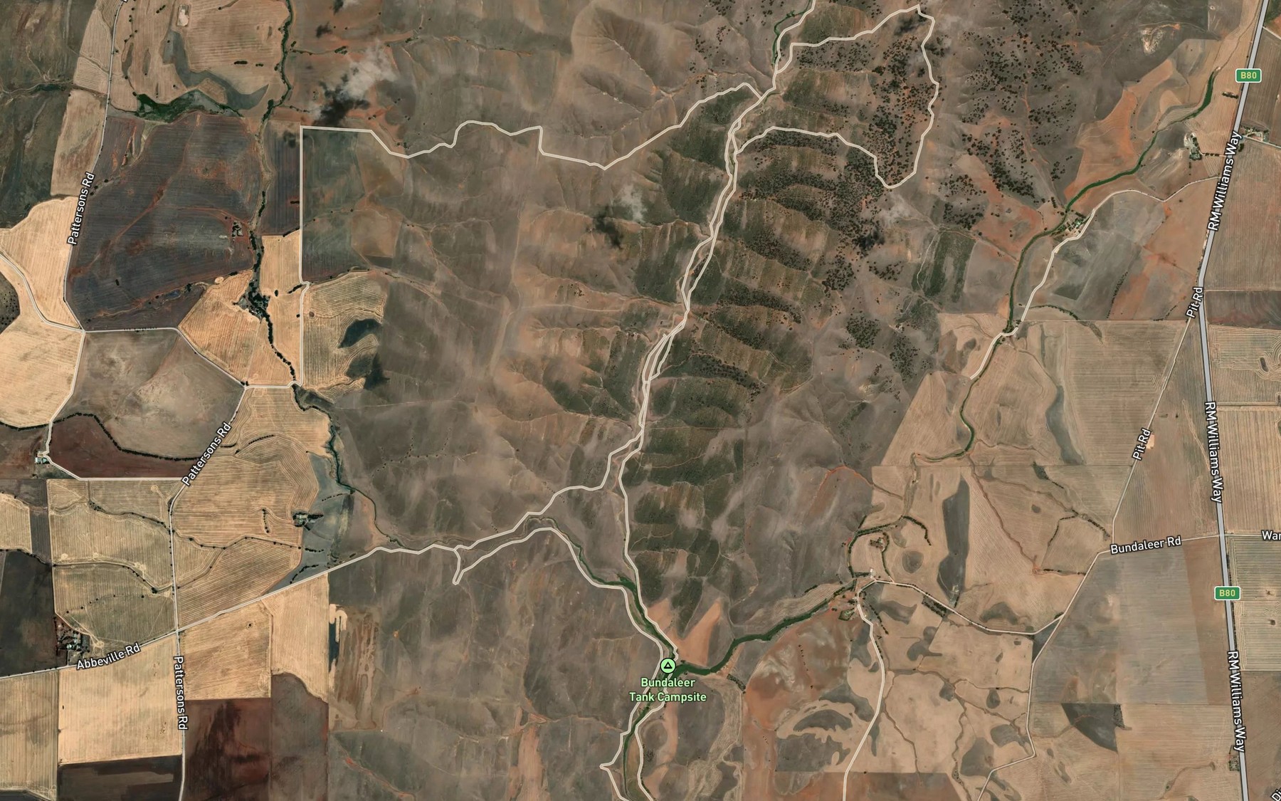 Satellite map of the Never Never Creek