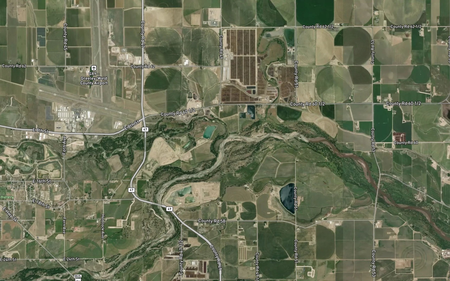 Satellite map of the Cache la Poudre River