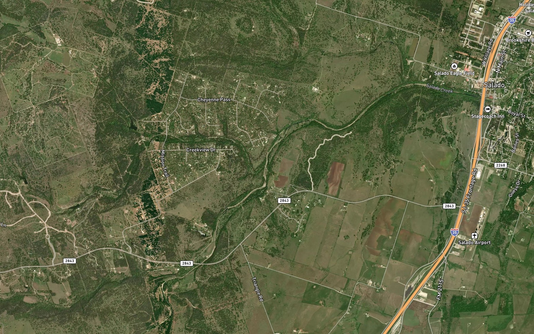 Satellite map of the Mustang Creek
