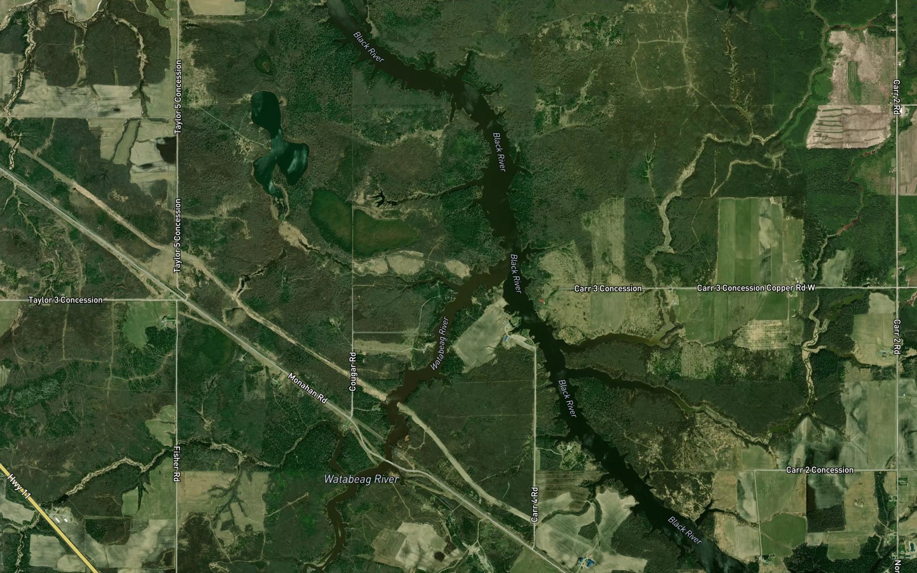 Satellite map of the Watabeag River