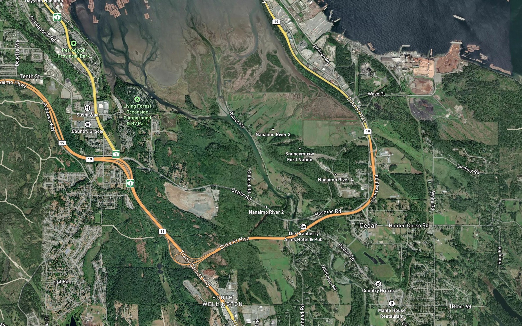 Satellite map of the Nanaimo River