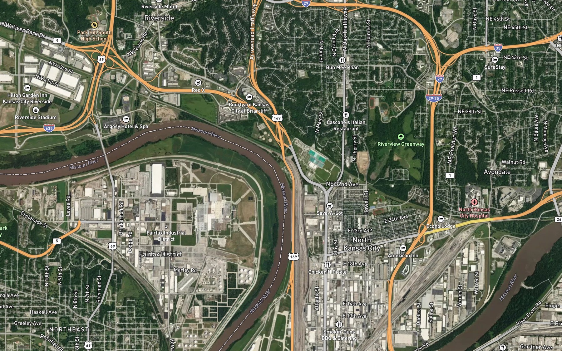 Satellite map of the Kaw Bend
