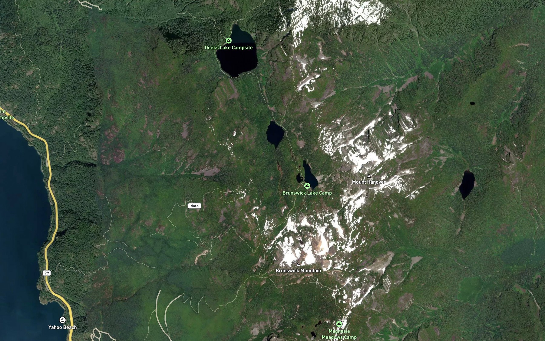 Satellite map of the Deeks Lakes