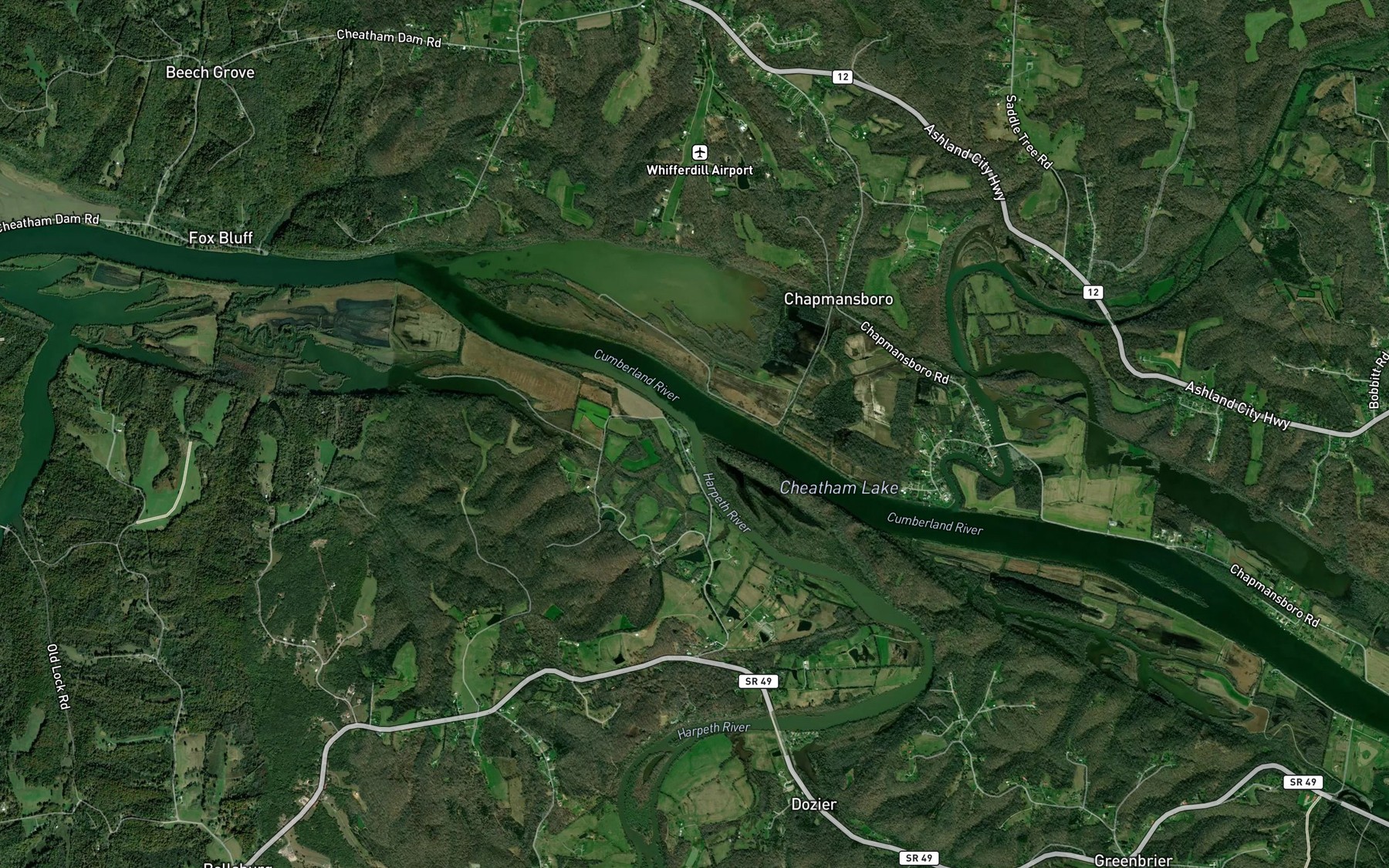 Satellite map of the Harpeth River