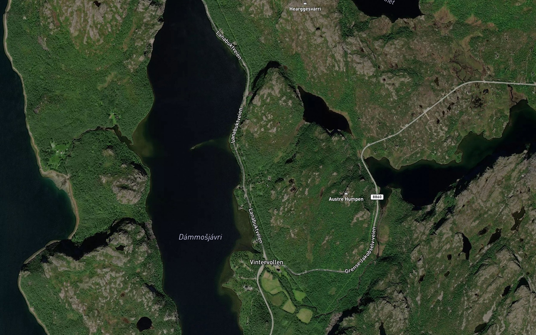 Satellite map of the Hearggesjohka