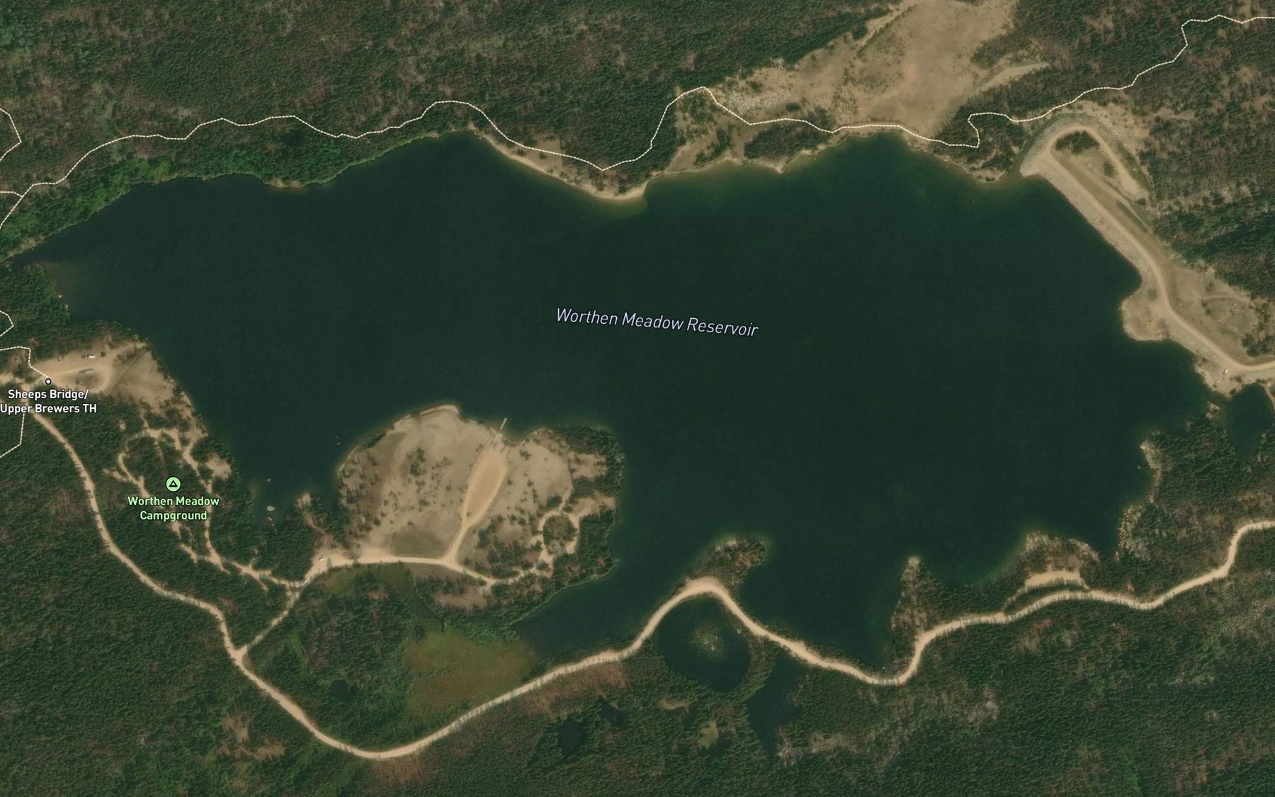 Satellite map of the Worthen Meadow Reservoir