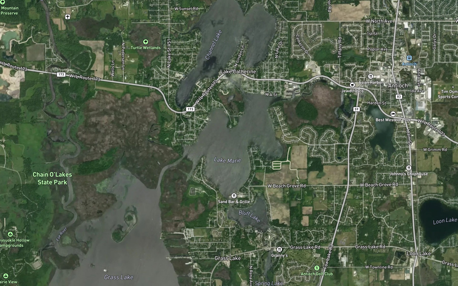 Satellite map of the Chain O'Lakes