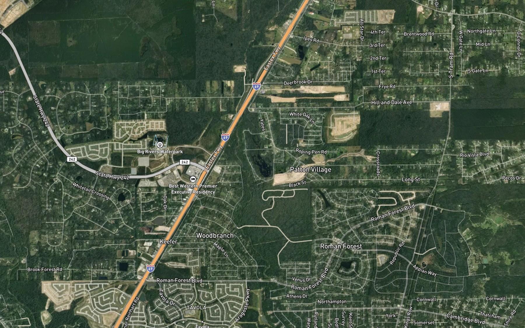 Satellite map of the Peach Creek Lake
