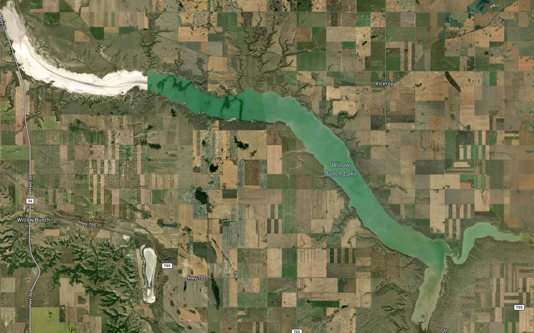 Satellite map of the Willow Bunch Lake