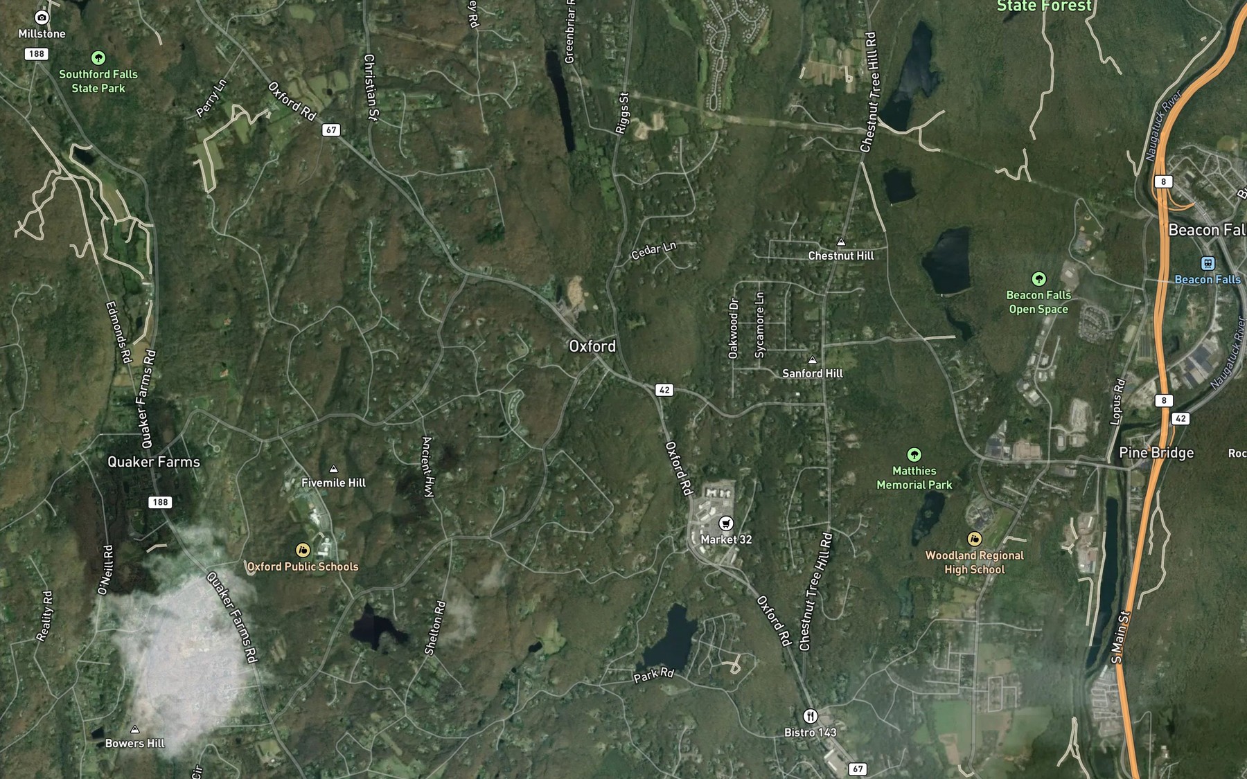 Satellite map of the Riggs Street Brook